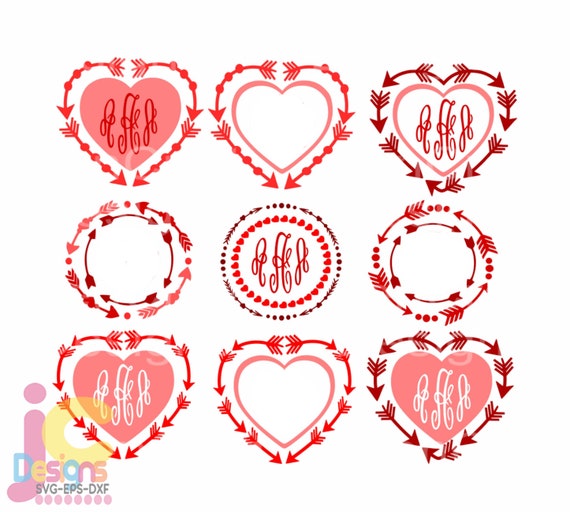 Valentine Frames Svg, Heart Arrow Monogram Frame Svg Bundle