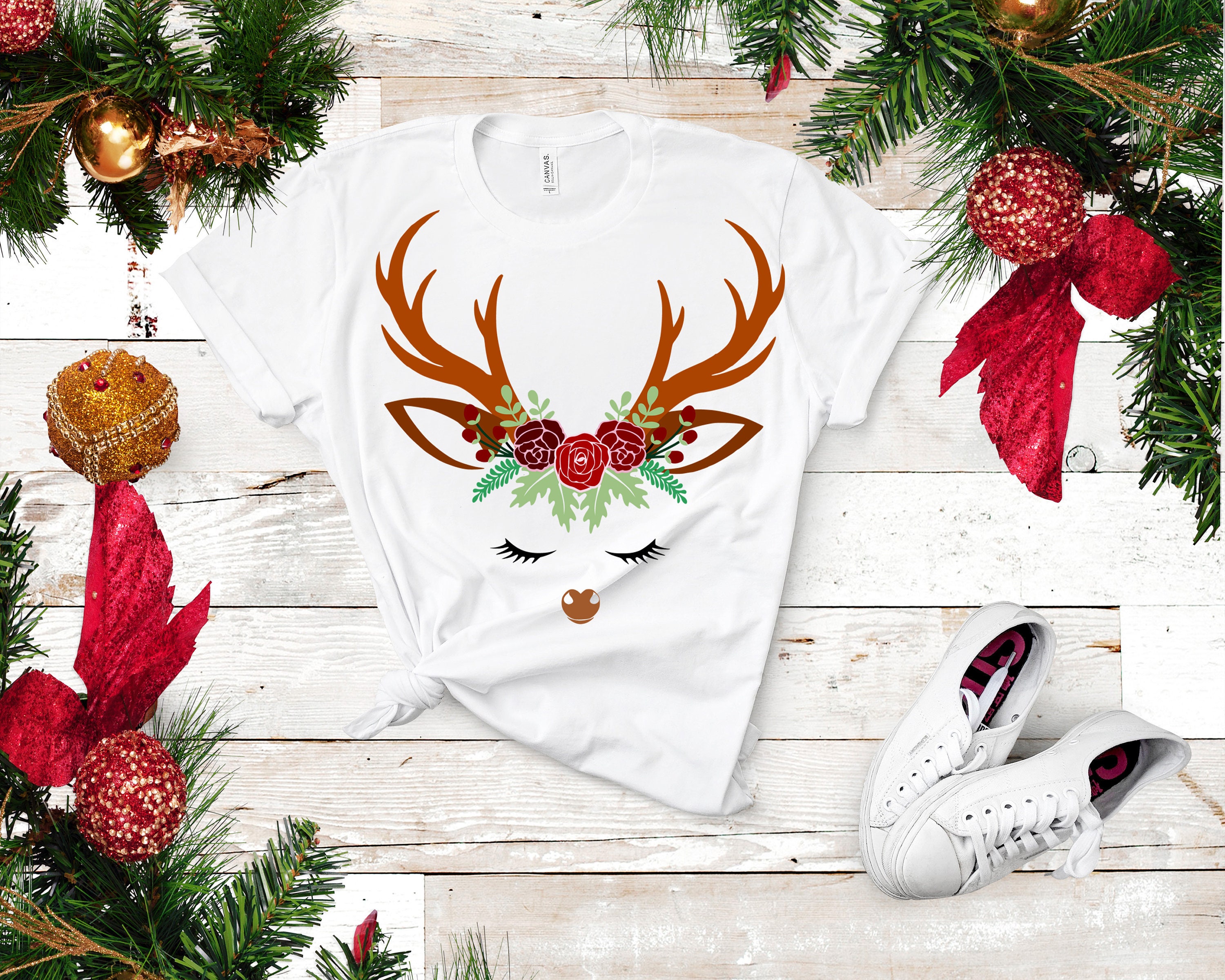 Download Floral Christmas Reindeer Svg, Antlers Eyelashes Deer Face ...