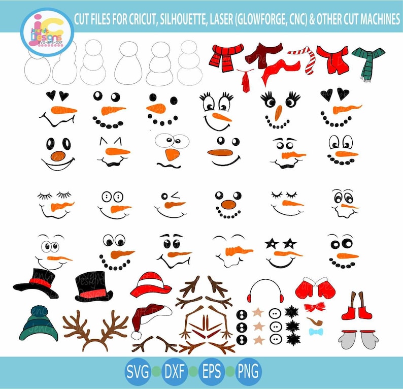 May include: A digital collection of snowman face elements, including various eyes, carrot noses, mouths, scarves, hats, mittens, and twig arms. The graphic features text at the top reading CUT FILES FOR CRICUT, SILHOUETTE, LASER (GLOWFORGE, CNC) & OTHER CUT MACHINES.