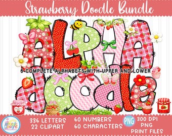 Strawberry Doodle Alphabet PNG Bundle | Summer Berry Clipart with 6 Sets of A-Z Uppercase & Lowercase Letters | Commercial Use