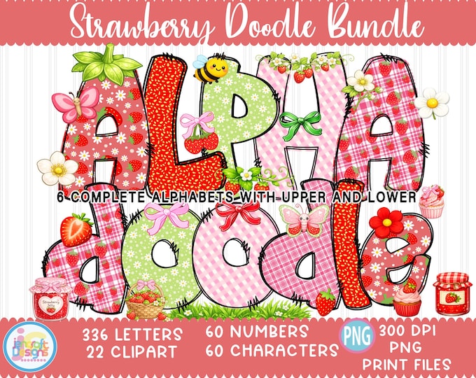 Strawberry Doodle Alphabet PNG Bundle | Summer Berry Clipart with 6 Sets of A-Z Uppercase & Lowercase Letters | Commercial Use