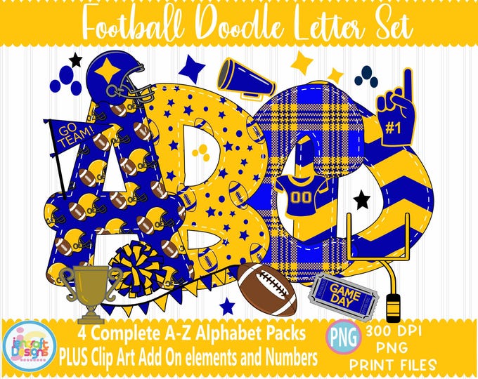 Football Blue Gold faux applique Doodle Letters Alphabet Bundle PNG Hand Drawn Alpha Pack Digital Download Sublimation Digital Design PNG