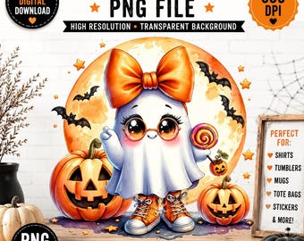 Bougie Ghost PNG, Cute Preppy Halloween Ghost with Glasses and Bow, Sublimation Design