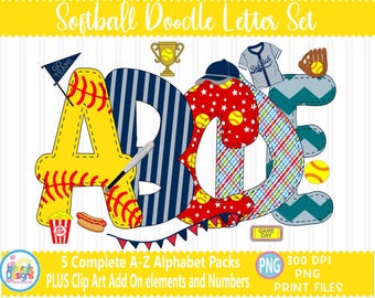 Softball faux applique Doodle Letters Alphabet Boy Bundle PNG Hand Drawn Alpha Pack Digital Download Sublimation Digital Design PNG