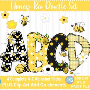 Honey Bee Faux Applique Doodle Letters png Summer Hand Drawn alpha pack Alphabet A - Z  Set Sublimate Design Printable Sublimation