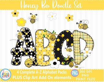 Honey Bee Faux Applique Doodle Letters png Summer Hand Drawn alpha pack Alphabet A - Z  Set Sublimate Design Printable Sublimation