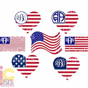 May include: A collection of patriotic designs featuring the American flag. Includes heart shapes, rectangular flags, and a waving flag, all in red, white, and blue. Some designs incorporate monogrammed initials within a circle or rectangle.
