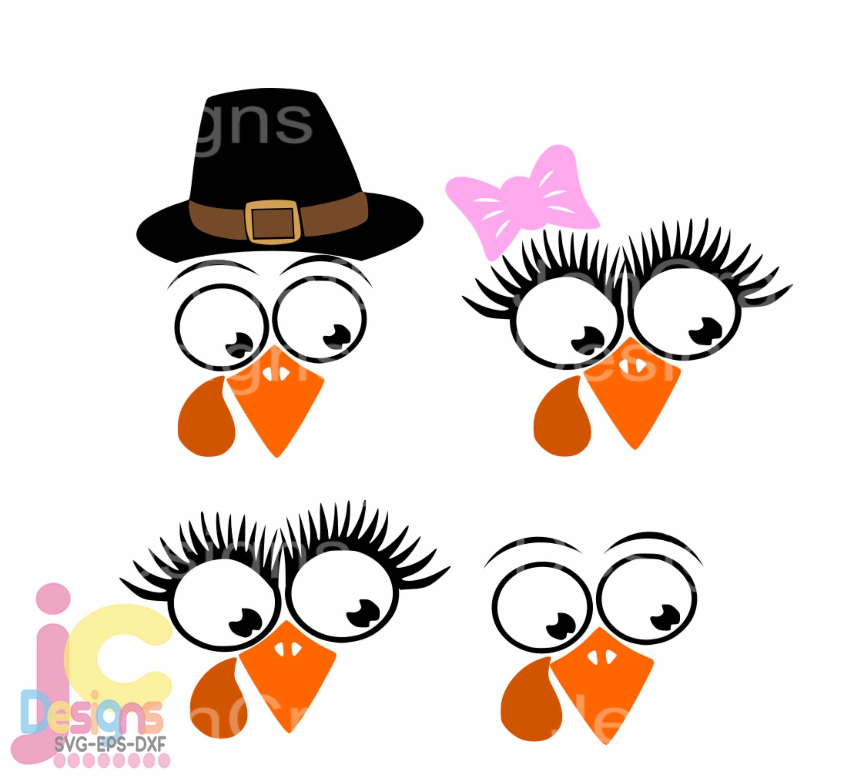Cute Turkey svg, Thanksgiving svg Eyelashes Pilgrim Hat on Turkey face