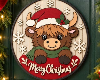 Highland Cow Christmas Sign SVG, Layered Round Door Hanger Laser Cut File