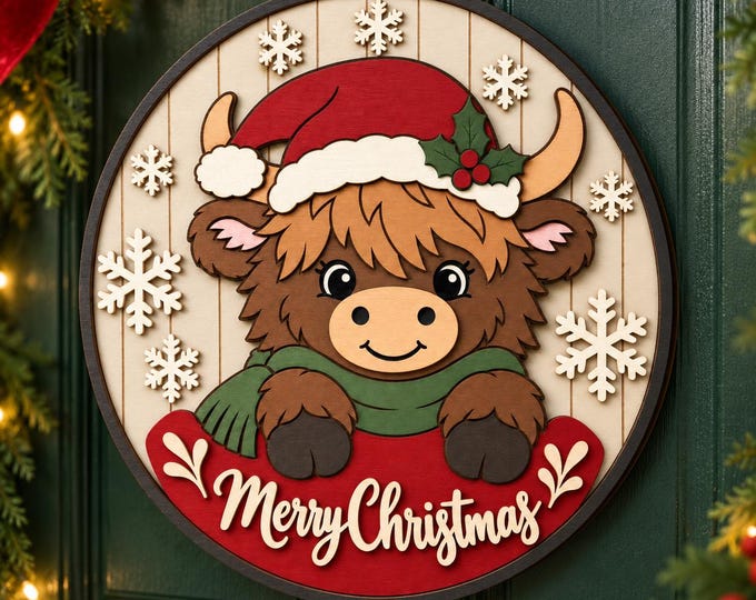 Highland Cow Christmas Sign SVG, Layered Round Door Hanger Laser Cut File