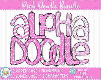 Pink Doodle Alphabet PNG: Hand-Drawn Font (Digital Download)