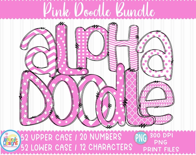 Doodle Alphabet png, Pink Sublimation letter alpha pack png Doodle font png Sublimation bundle Pink Dots Hand drawn print file