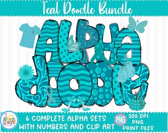 Ovarian Cancer Awareness Teal Alphabet Doodle Letters png Sublimation Hand Drawn alpha pack Numbers A - Z Set Sublimate Design Printable png