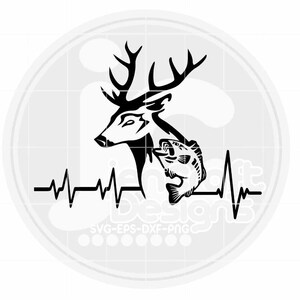 May include: Black and white silhouette of a deer with antlers and a fish, with a heartbeat line below. The deer is facing left and the fish is facing right. The deer's antlers are large and spread out. The fish is a bass with fins and a tail.