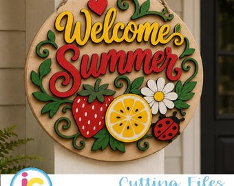 Welcome Summer Door Sign SVG, Strawberry Lemon Daisy Round Door Hanger Laser Cut File, Glowforge xTool DXF EPS Png Pdf