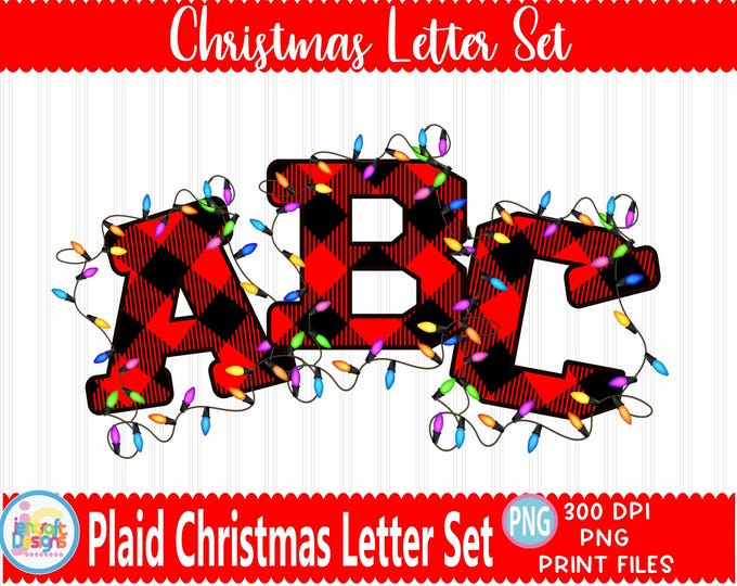 Buffalo Plaid Alphabet Christmas lights Sublimation design. Create your own words alpha pack. printable alphabet, plaid letters PNG file