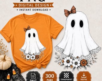 Lace Ghost PNG, Floral Coquette Ghost with Bow, Cute Halloween Sublimation Design