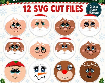 Christmas Character Faces SVG: Santa, Mrs. Claus, Reindeer (Cut Files)