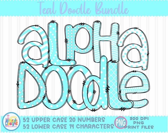 Doodle Alphabet png, Teal Green Sublimation letter alpha pack png Doodle font png Sublimation bundle Dots Hand drawn print file