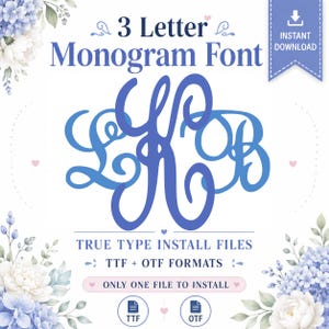 May include: A digital 3 Letter Monogram Font featuring blue cursive lettering with the text 3 Letter Monogram Font, True Type Install Files, TTF + OTF Formats, and Only One File To Install, decorated with blue and white floral illustrations.