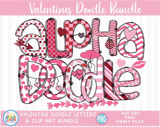Valentines Day Sublimation Doodle Letters png Hand Drawn alpha pack Alphabet A - Z Set Sublimate Design Printable png Font Pink White Font