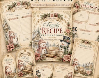 Christmas Recipe Junk Journal Kit, Family Cookbook PDF JPG, Snowman Binder, Baking Ephemera, Editable Canva Template