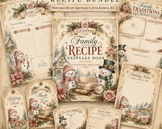 Christmas Recipe Junk Journal Kit, Family Cookbook PDF JPG, Snowman Binder, Baking Ephemera, Editable Canva Template