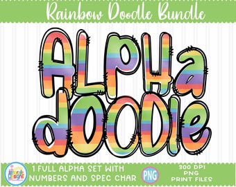 Rainbow Doodle Alphabet PNG Bundle: Multi-Color Letters (Digital Download)