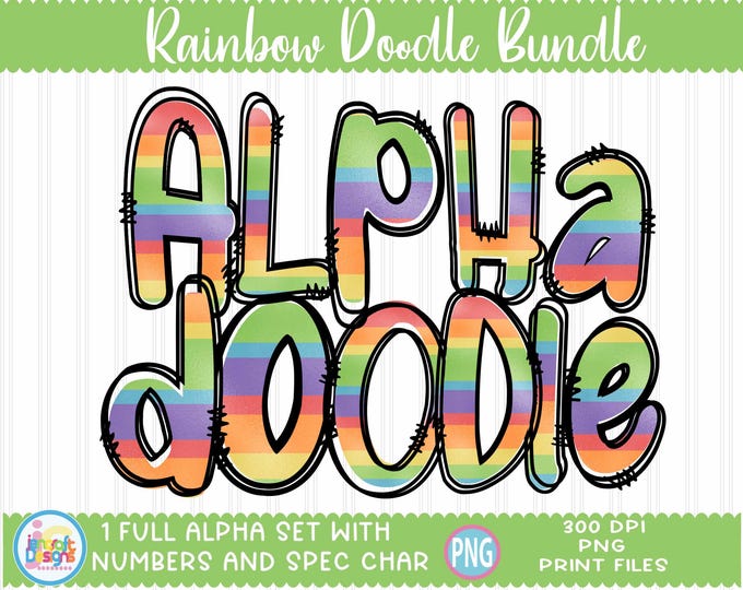 Rainbow Alphabet PNG Bundle, Multi Color Bright doodle letters and Numbers alphapack for Sublimation printing digital download