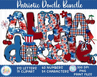 Patriotic Doodle Alphabet: 4th of July PNG Letters, Numbers, Clipart (Commercial Use)