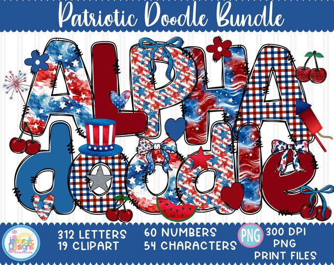 Patriotic Doodle Alphabet: 4th of July PNG Letters, Numbers, Clipart (Commercial Use)