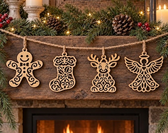 Christmas Hanging Ornament SVG Bundle, Gingerbread Reindeer Angel Stocking Laser Cut Garland Files