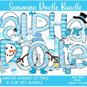 Boneco de neve Natal Doodle Letras Alfabeto Pacote com Clipart Alpha pack, add-on Elements Kids letras clip art png sublimação desenhada à mão