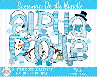 Snowman Christmas Doodle Letters Alphabet Bundle with Clipart Alpha pack, add-on Elements Kids letters clip art png hand drawn sublimation
