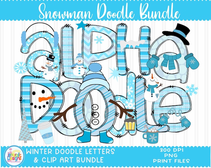 Snowman Christmas Doodle Letters Alphabet Bundle with Clipart Alpha pack, add-on Elements Kids letters clip art png hand drawn sublimation