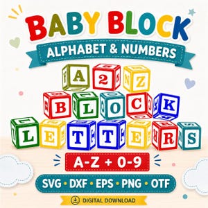 Może przedstawiać: Cyfrowa grafika przedstawiająca kolorowe klocki z literami i cyframi oraz tekst BABY BLOCK ALPHABET & NUMBERS, A-Z + 0-9 i formaty plików SVG, DXF, EPS, PNG, OTF. Projekt zawiera dekoracyjne serca, chmury i gwiazdy na jasnym tle.