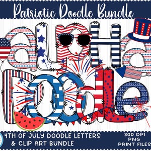 Letras del alfabeto patriótico doodle (PNG), letras del 4 de julio, clipart, números, sublimación en rojo, blanco y azul, alfabeto de banderas, conjunto para uso comercial