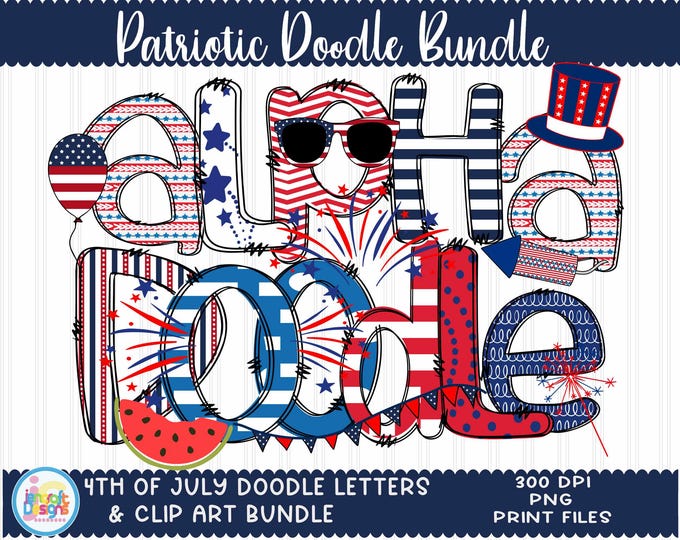 Patriotic Doodle Alphabet Letters png, 4th of July Letters, Clipart, Numbers, Red White Blue Sublimation, Flag Alphabet, Commercial Use Set