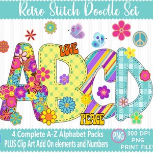 Retro Groovy Faux Stitched Doodle Letras png Pacote alfa desenhado à mão Alfabeto A-Z Conjunto Sublimate Design Imprimível png Arquivo de impressão por sublimação