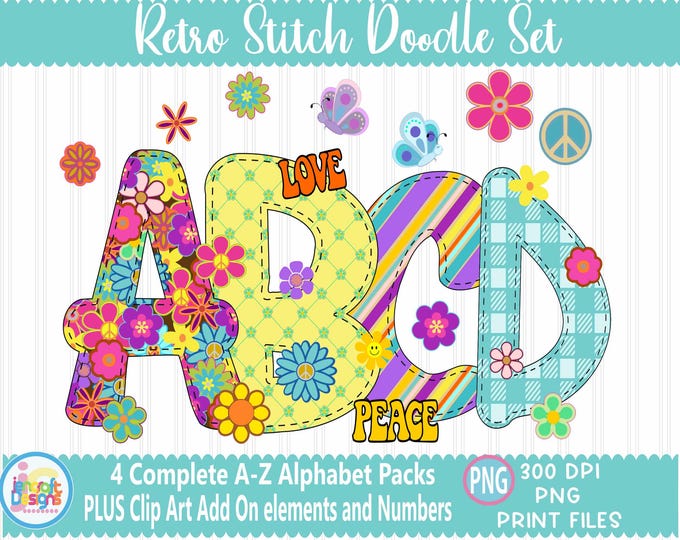 Retro Groovy Faux Stitched Doodle Letters png Hand Drawn alpha pack Alphabet A-Z Set Sublimate Design Printable png Sublimation Print file