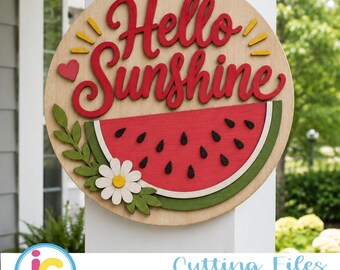 Hello Sunshine Door Sign SVG, Watermelon Summer Round Door Hanger Laser Cut File, Glowforge xTool DXF EPS Png Pdf