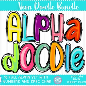 Alphabet PNG à doodle aux couleurs vives, alphapack de lettres et chiffres néon colorés pour impression par sublimation, téléchargement numérique
