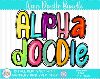 Bright Color Doodle Alphabet PNG Bundle, Colorful Neon letters and Numbers alphapack for Sublimation printing digital download design