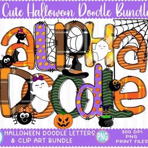 Cute Halloween Doodle Alphabet letter Bundle, Halloween PNG Numbers & Accessories, Halloween Clipart, Witch Ghost Pumpkin Bat, Commercial
