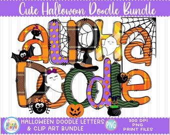 Cute Halloween Doodle Alphabet letter Bundle, Halloween PNG Numbers & Accessories, Halloween Clipart, Witch Ghost Pumpkin Bat, Commercial