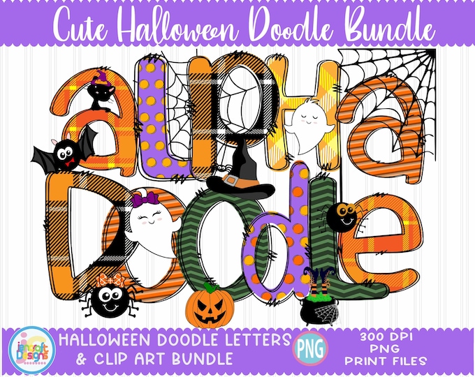 Cute Halloween Doodle Alphabet letter Bundle, Halloween PNG Numbers & Accessories, Halloween Clipart, Witch Ghost Pumpkin Bat, Commercial