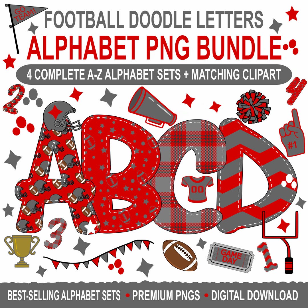 Football Doodle Letters Alphabet PNG Bundle, Red Gray Sports ...