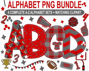 Football Alphabet PNG Bundle, Red and Gray Doodle Letters, Sports Sublimation Alpha Set, Hand Drawn Letter PNG, Digital Download