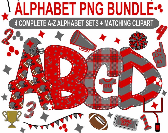 Football Alphabet PNG Bundle, Red and Gray Doodle Letters, Sports Sublimation Alpha Set, Hand Drawn Letter PNG, Digital Download