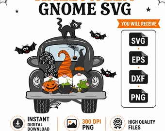 Halloween Gnome SVG Trio, Witch Gnome Cut File, Cute Spooky Gnomes with Pumpkin and Broom, Cricut PNG Eps Dxf